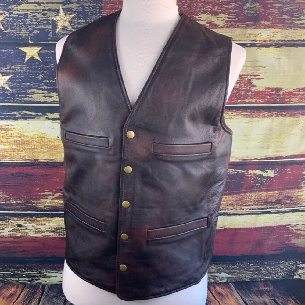 MENS BIGHORN LEATHER SNAP UP COWBOY VEST - ANTIQUE BROWN
